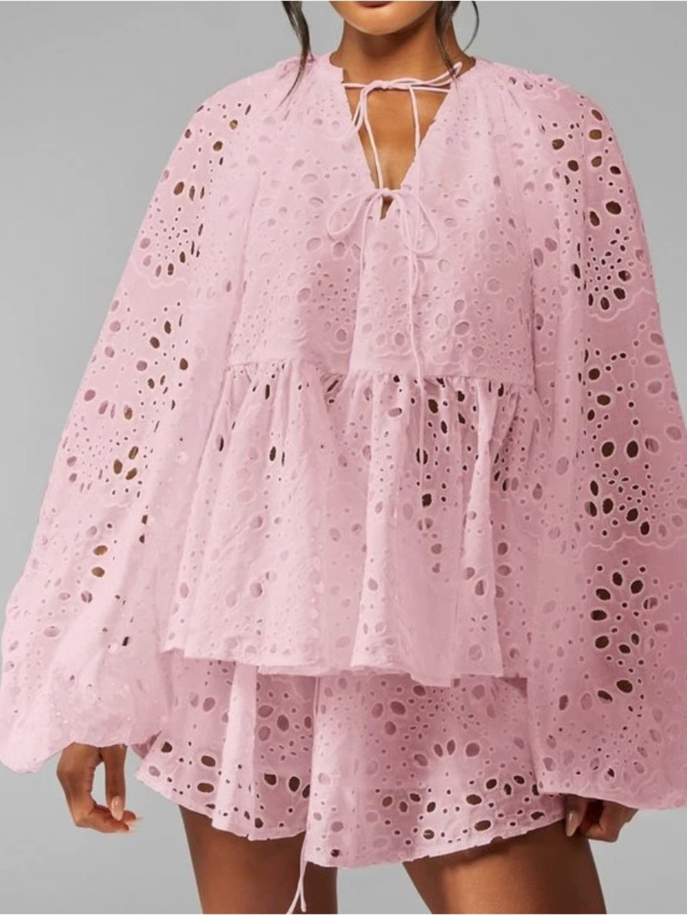 SHEIN Pink Eyelet Tiered Mini Dress